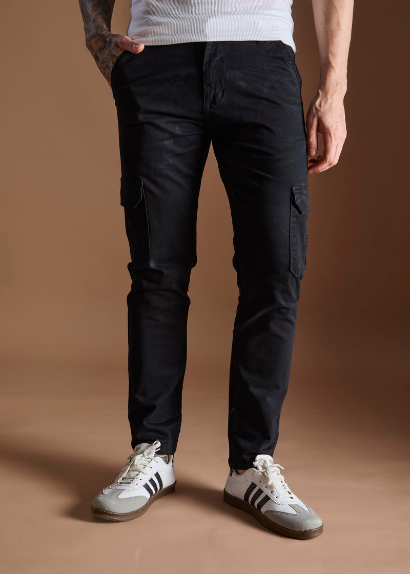 Men Tapered Fit Black Cargo Trousers