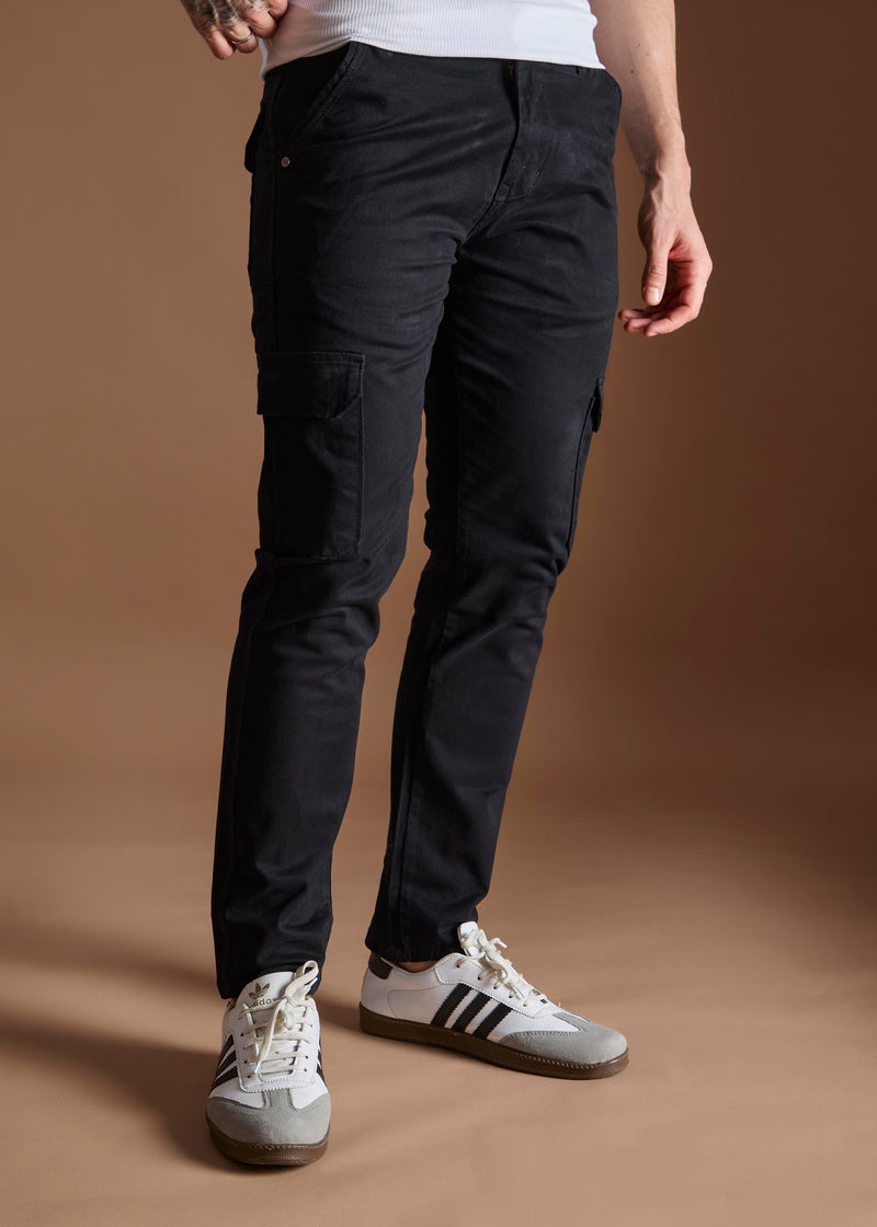 Men Tapered Fit Black Cargo Trousers