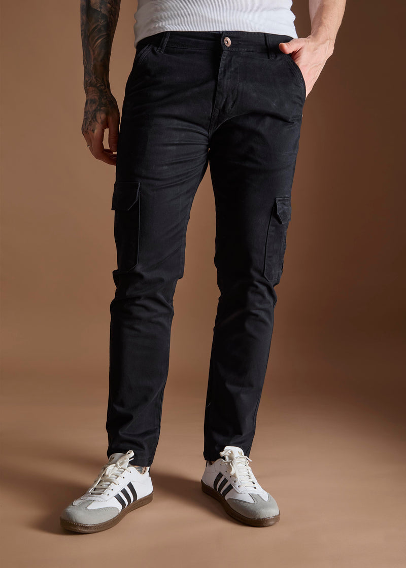Men Tapered Fit Black Cargo Trousers