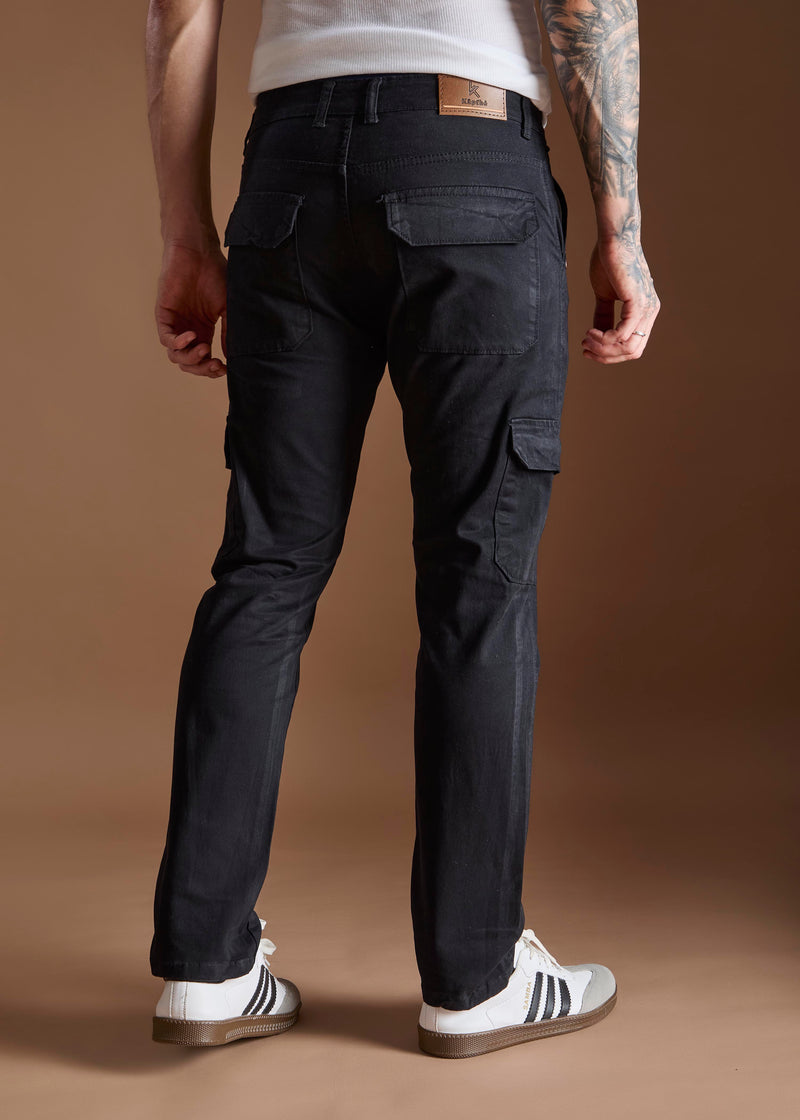 Men Tapered Fit Black Cargo Trousers