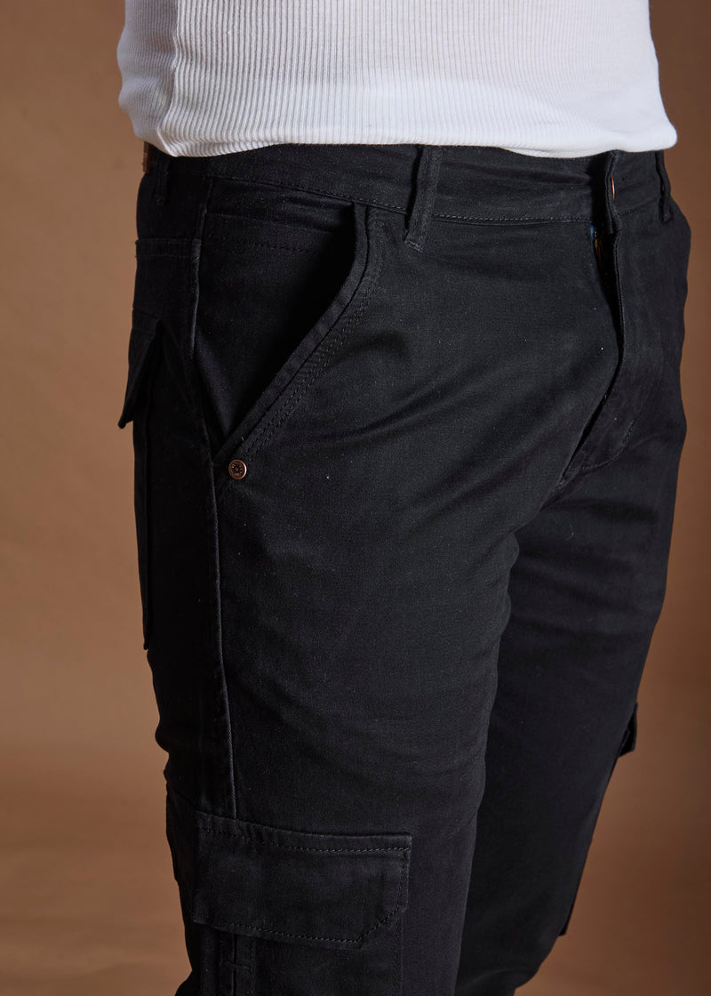 Men Tapered Fit Black Cargo Trousers