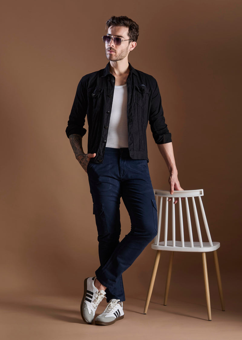 Men Tapered Fit Navy Blue Cargo Trousers