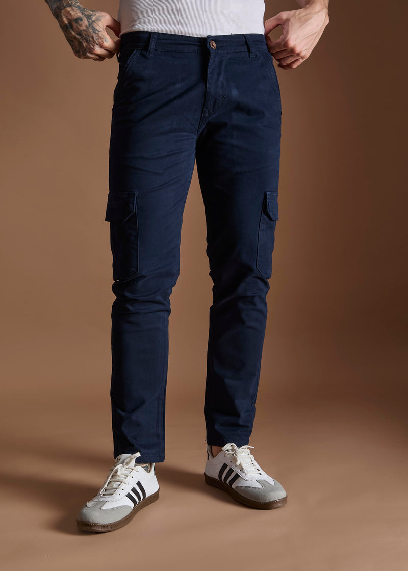 Men Tapered Fit Navy Blue Cargo Trousers