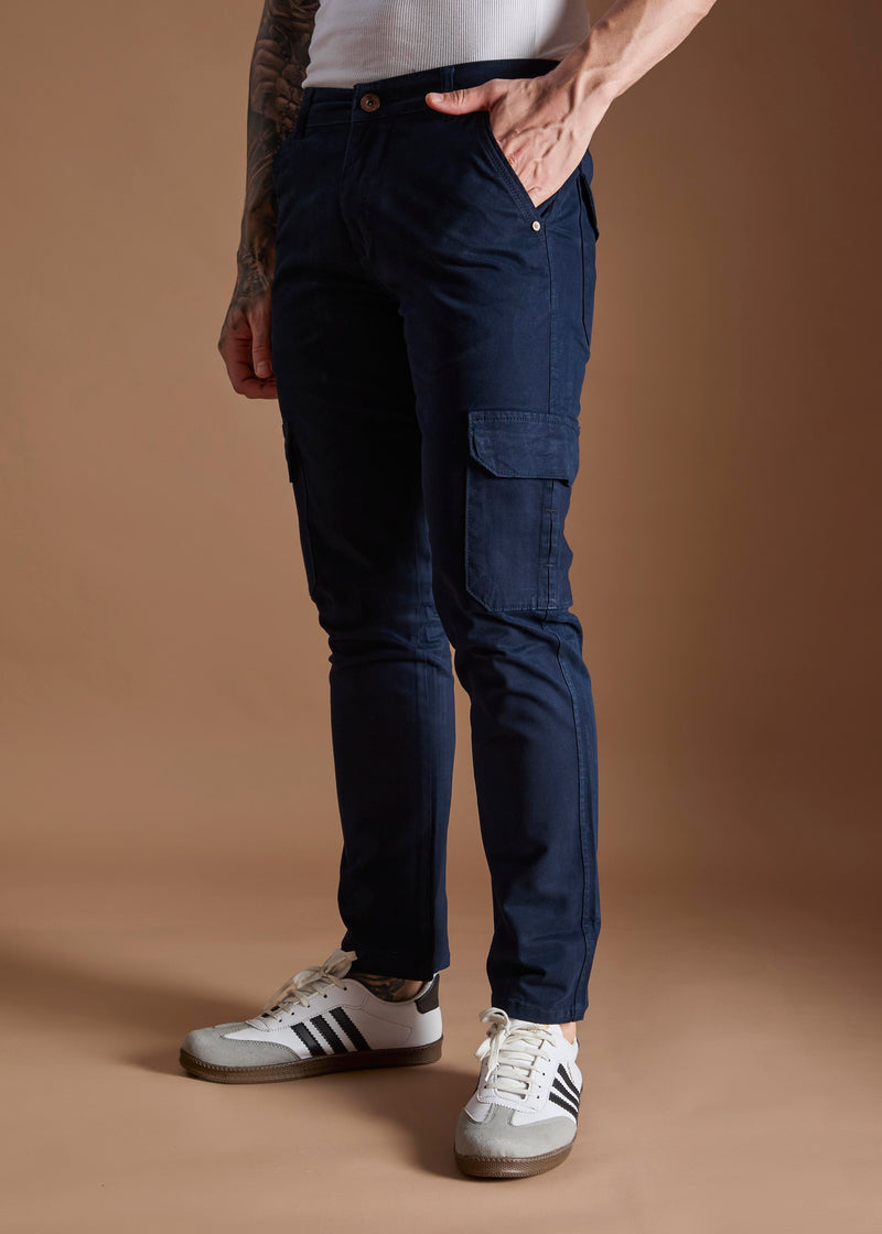 Men Tapered Fit Navy Blue Cargo Trousers