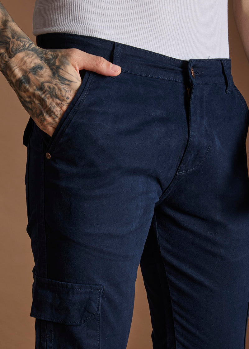 Men Tapered Fit Navy Blue Cargo Trousers