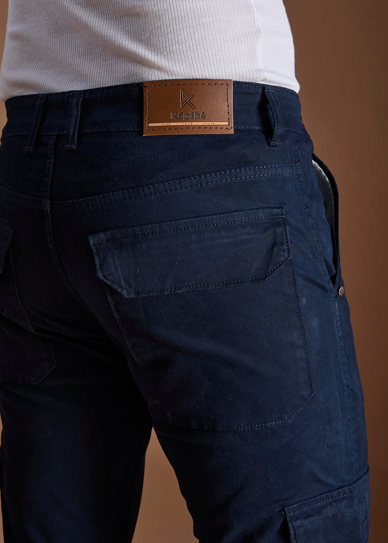 Men Tapered Fit Navy Blue Cargo Trousers