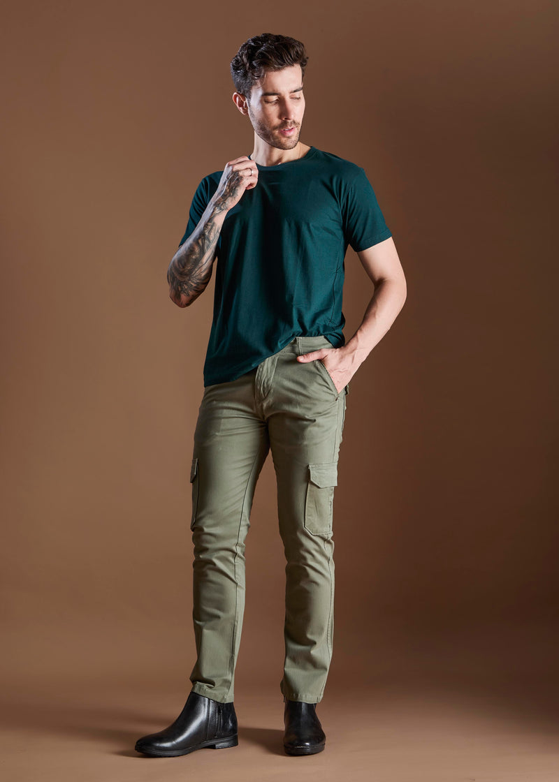 Men Tapered Fit Pista Green Cargo Trousers