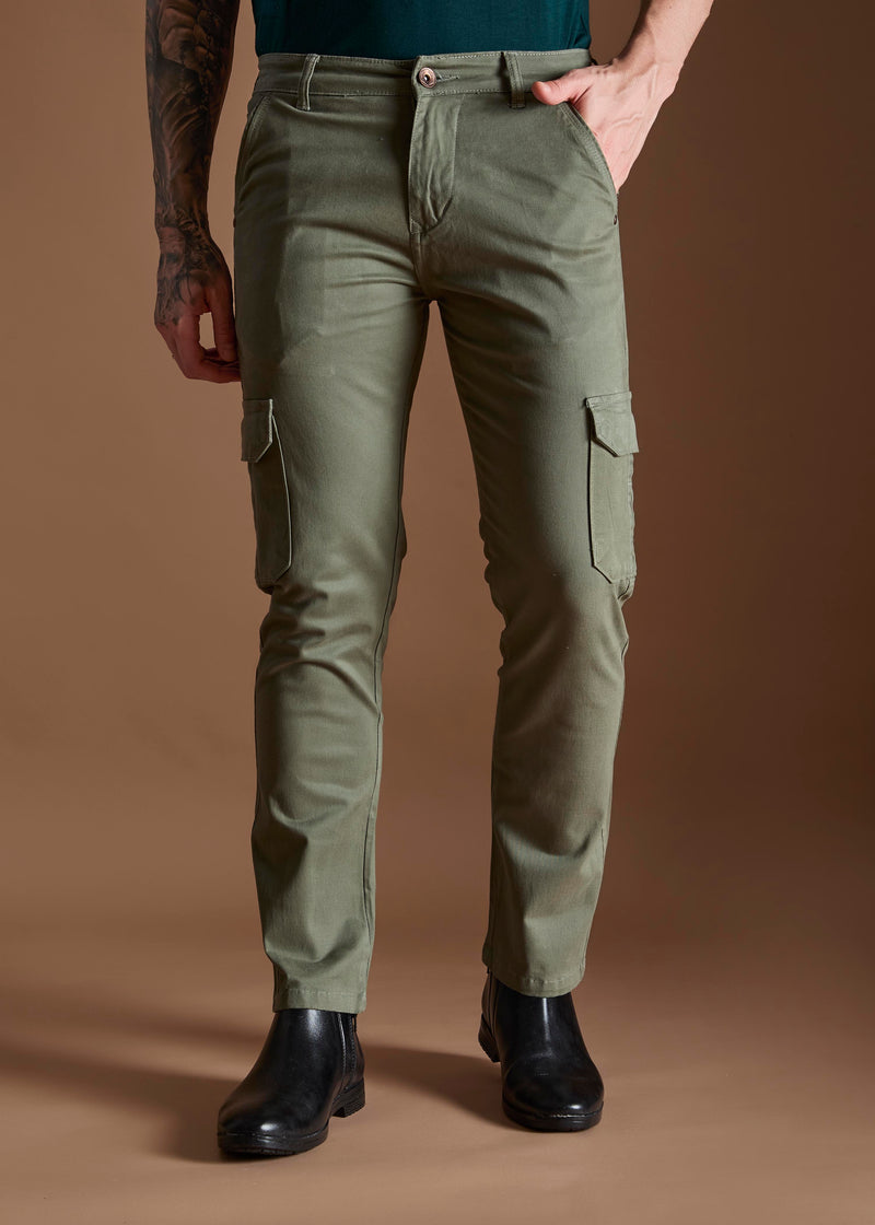 Men Tapered Fit Pista Green Cargo Trousers