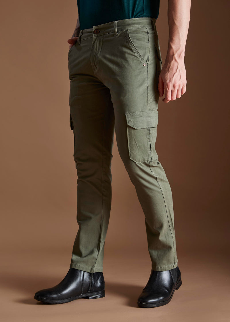 Men Tapered Fit Pista Green Cargo Trousers