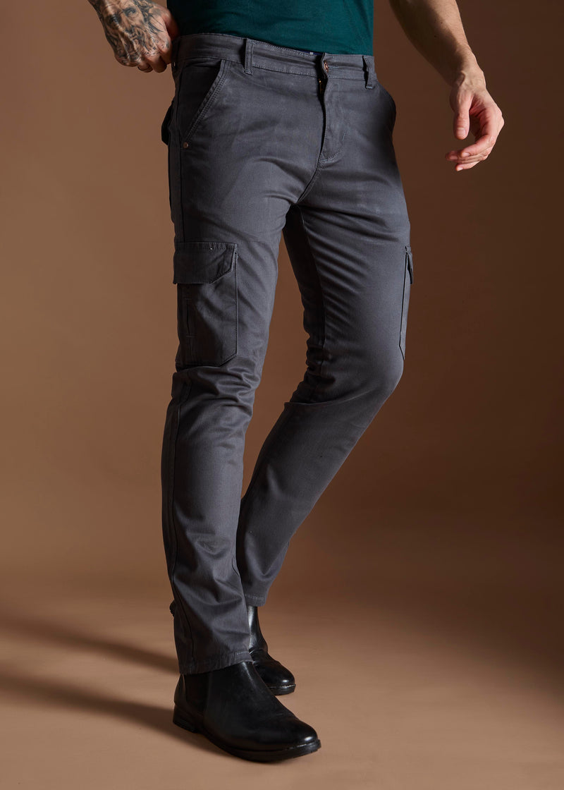 Men Tapered Fit Grey Cargo Trousers