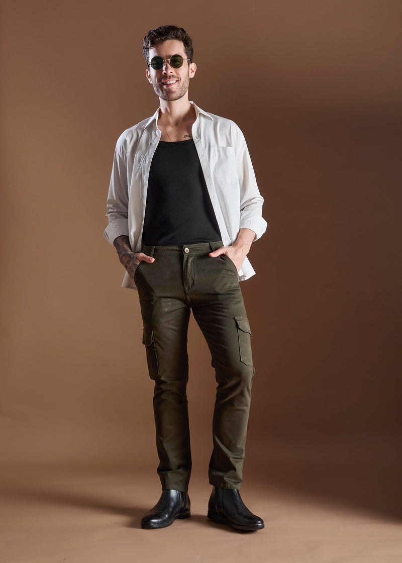 Men Tapered Fit Military Green Cargo Trousers