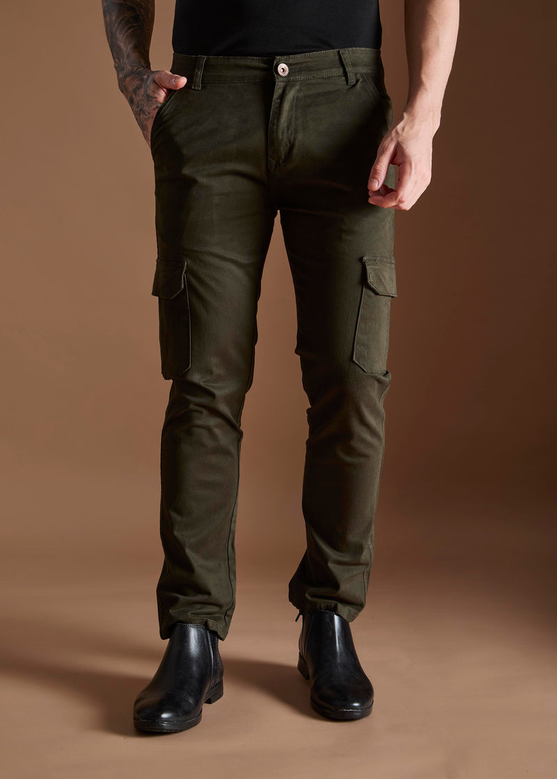Men Tapered Fit Military Green Cargo Trousers