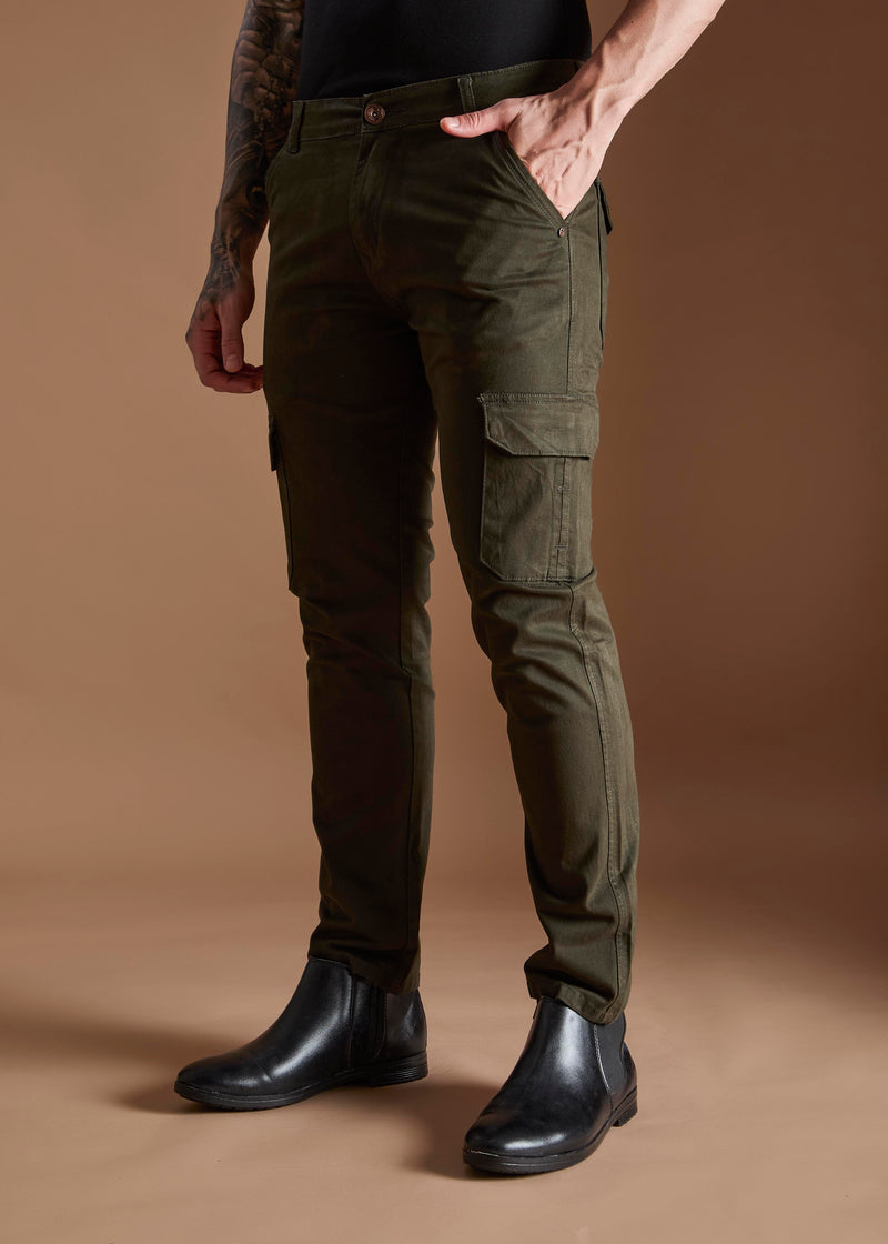 Men Tapered Fit Military Green Cargo Trousers