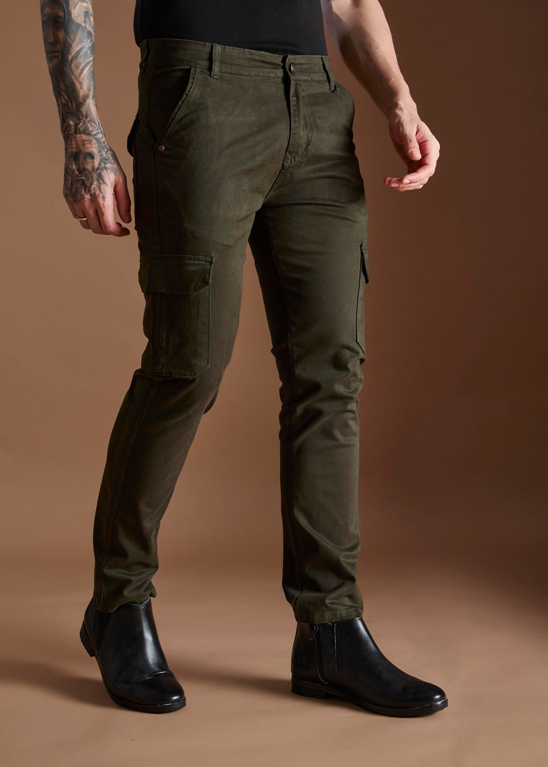Men Tapered Fit Military Green Cargo Trousers