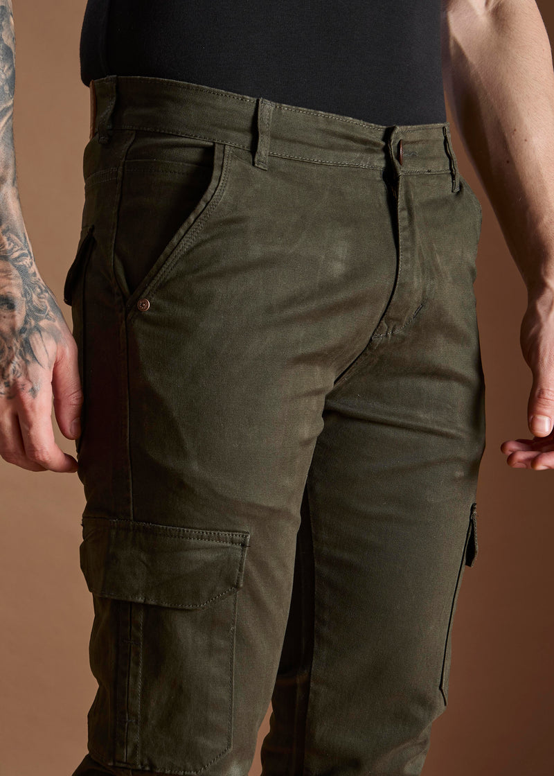 Men Tapered Fit Military Green Cargo Trousers