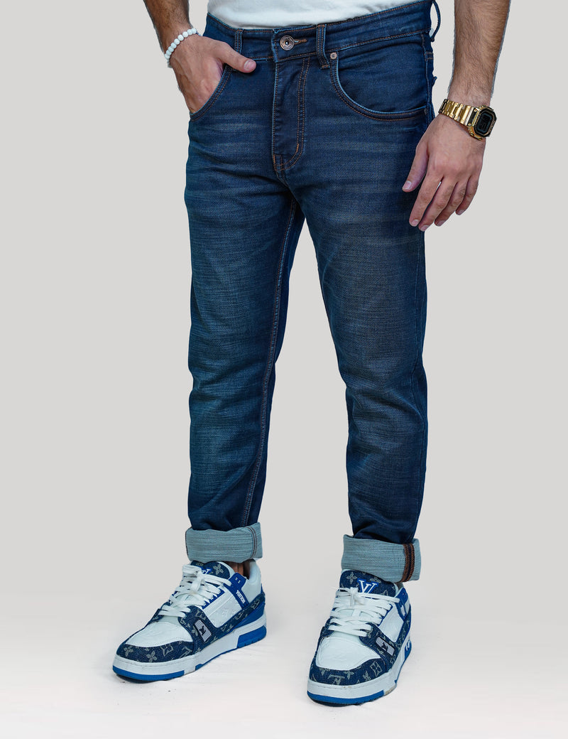 Men Deep Blue Cotton Knitted Jeans