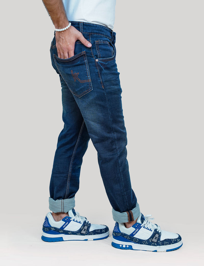 Men Deep Blue Cotton Knitted Jeans