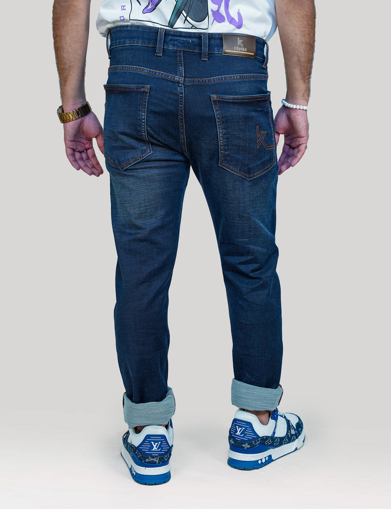 Men Deep Blue Cotton Knitted Jeans